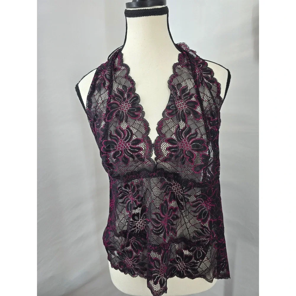 Floral Lace‎ Halter Camisole and Boyshort Panty Lingerie Set Black Magenta 1X